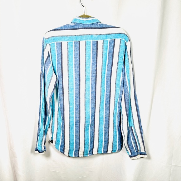 P. Langella Linen Button Down Italian Stripe Shirt Mediterranean Men’s M Blue - Picture 12 of 16